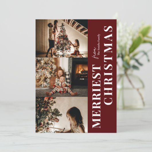 Merry Kerstmis Modern Rode Script Foto Feestdagenkaart (Staand voorkant)