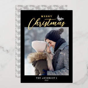 Merry Kerstmis Modern Script Photo Black Gold Folie Feestdagenkaart