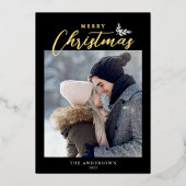 Merry Kerstmis Modern Script Photo Black Gold Folie Feestdagenkaart (Voorkant)