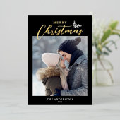 Merry Kerstmis Modern Script Photo Black Gold Folie Feestdagenkaart (Staand Voorkant)