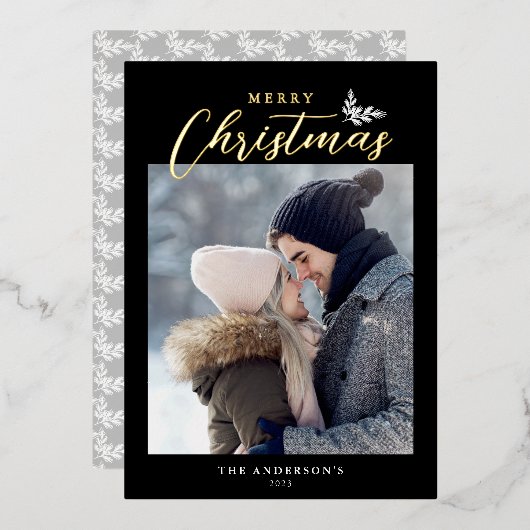 Merry Kerstmis Modern Script Photo Black Gold Folie Feestdagenkaart (Voorkant / Achterkant)