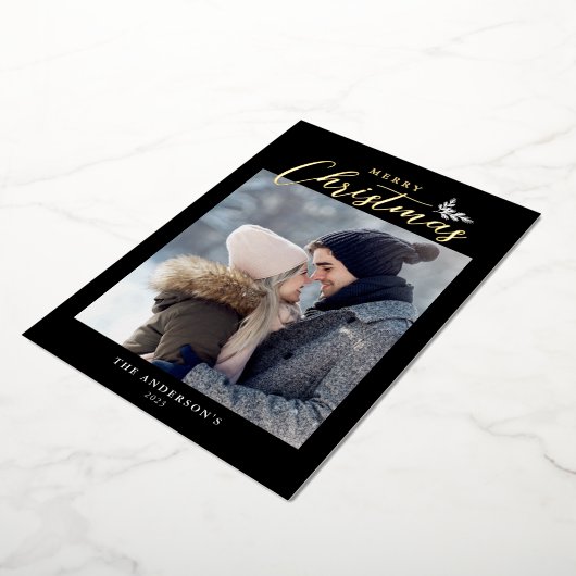 Merry Kerstmis Modern Script Photo Black Gold Folie Feestdagenkaart (Gedraaid)