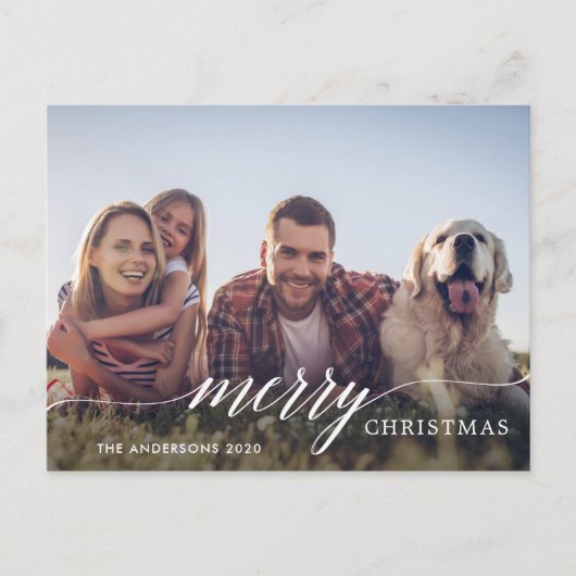 Merry Kerstmis Modern Script Photo Feestdagenkaart (Voorkant)