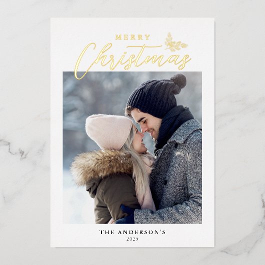 Merry Kerstmis Modern Script Photo Gold Folie Feestdagenkaart (Voorkant)