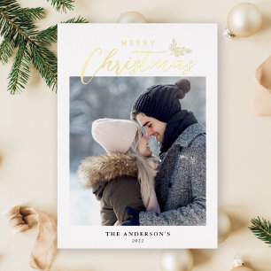 Merry Kerstmis Modern Script Photo Gold Folie Feestdagenkaart