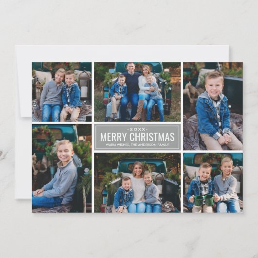 Merry Kerstmis Modern Silver Photo Collage Feestdagenkaart (Voorkant)
