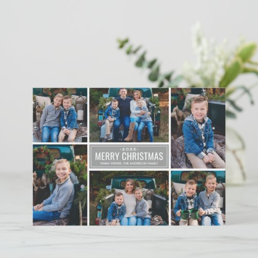 Merry Kerstmis Modern Silver Photo Collage Feestdagenkaart (Staand voorkant)