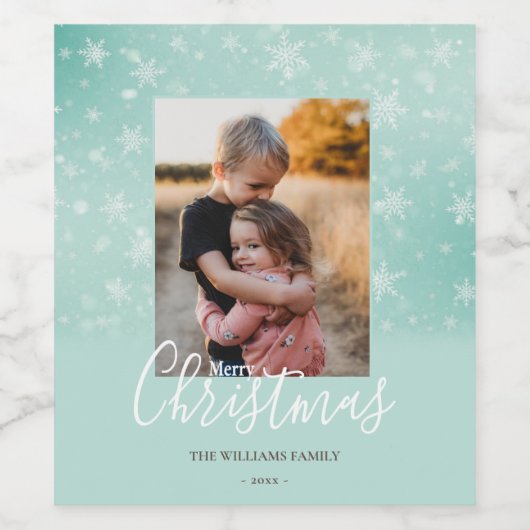 Merry Kerstmis Modern Snowy Winter Green Foto Wijn Etiket (Enkel label)