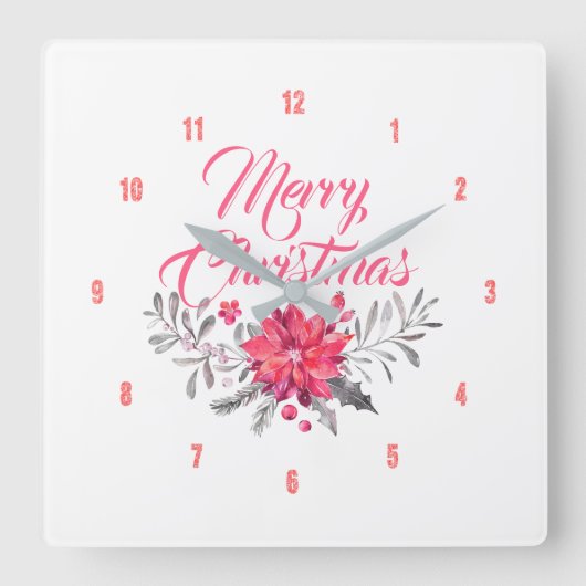 Merry Kerstmis Modern Typography Flowers Bouquet Vierkante Klok (Voorkant)