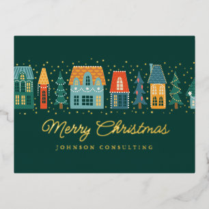 Merry Kerstmis Modern Winter Snow Village Folie Feestdagen Briefkaart