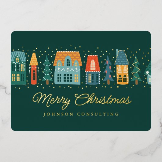 Merry Kerstmis Modern Winter Snow Village Folie Feestdagenkaart (Voorkant)