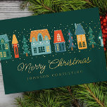 Merry Kerstmis Modern Winter Snow Village Folie Feestdagenkaart<br><div class="desc">Uw zakelijke logo kan achteraan worden toegevoegd. Wijzig het vakantiebericht,  de bedrijfsnaam of de bedrijfsnaam. Hier te vinden op: http://www.zazzle.com/selectpartysupplies</div>