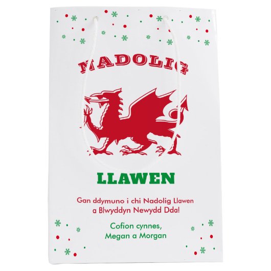Merry Kerstmis Nadolig Llawen Red Welsh Dragon Medium Cadeauzakje (Voorkant)