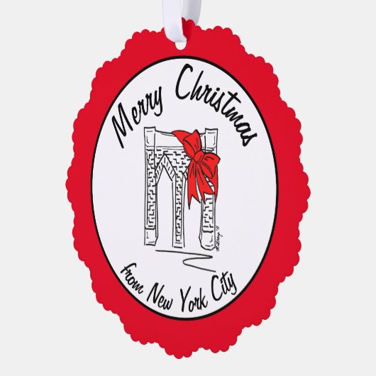 Merry Kerstmis New York City Brooklyn Bridge Bow Ornament Kaart (Links)