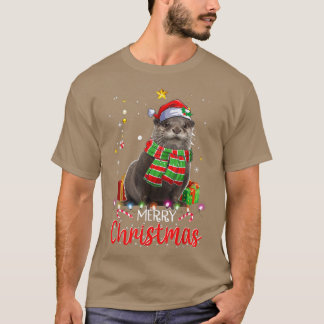 Merry Kerstmis Otter Santa Hat Tree Lights Pajama T-shirt