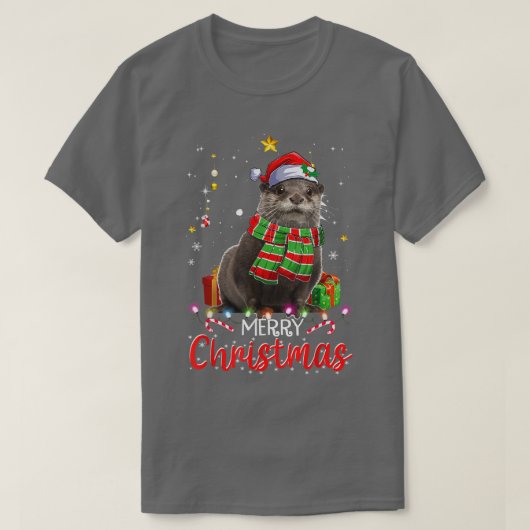 Merry Kerstmis Otter Santa Hat Tree Lights Pajama T-shirt (Design voorkant)