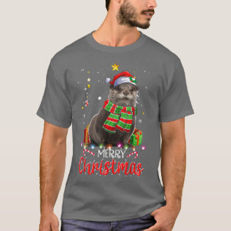 Merry Kerstmis Otter Santa Hat Tree Lights Pajama T-shirt