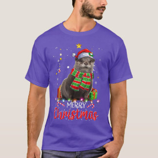 Merry Kerstmis Otter Santa Hat Tree Lights Pajama T-shirt