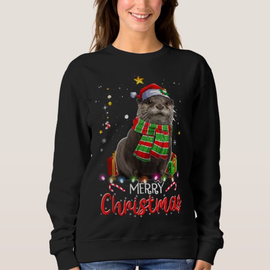 Merry Kerstmis Otter Santa Hat Tree Lights Pajama Trui (Voorkant)
