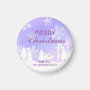 Merry Kerstmis Paarse White House Snowflakes Magneet