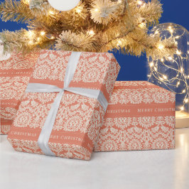 Merry Kerstmis Peach Damask Patroon  Cadeaupapier
