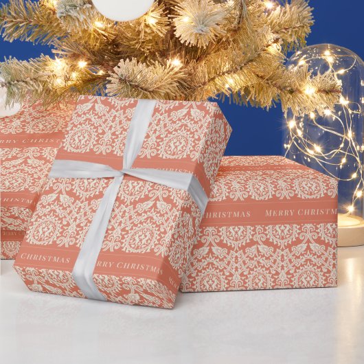 Merry Kerstmis Peach Damask Patroon  Cadeaupapier (Feestdagen)