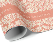 Merry Kerstmis Peach Damask Patroon  Cadeaupapier (Rol Hoek)