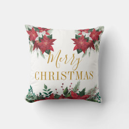 Merry Kerstmis, Poinsettia Floral Gold Script Kussen