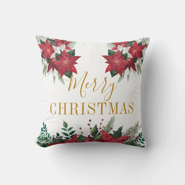 Merry Kerstmis, Poinsettia Floral Gold Script Kussen (Voorkant)