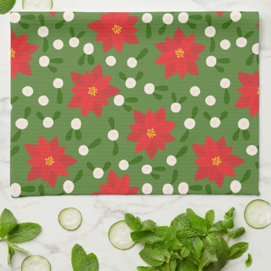 Merry Kerstmis Poinsettia Polka Dots Pattern Theedoek (Gevouwen)
