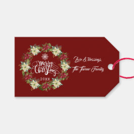 Merry Kerstmis Poinsettia Wreath Monogram Cadeaulabel