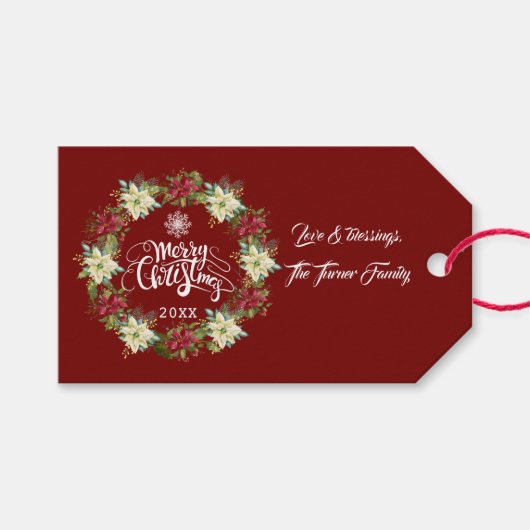 Merry Kerstmis Poinsettia Wreath Monogram Cadeaulabel (Voorkant (Horizontaal))