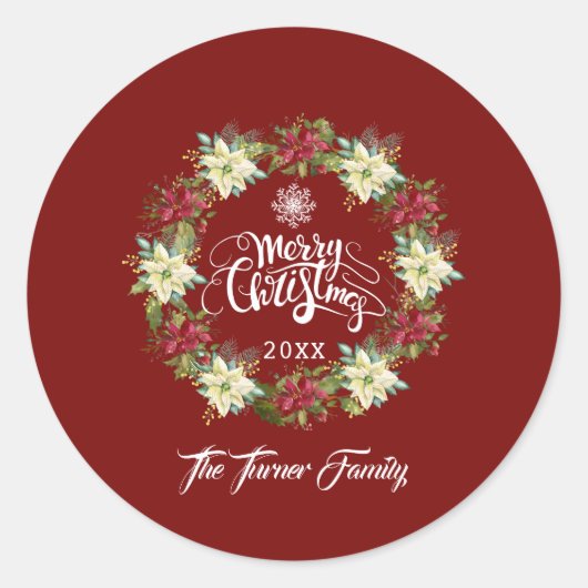 Merry Kerstmis Poinsettia Wreath Monogram Ronde Sticker (Voorkant)