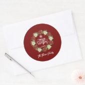 Merry Kerstmis Poinsettia Wreath Monogram Ronde Sticker (Envelop)