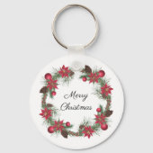Merry Kerstmis Poinsettia Wreath Sleutelhanger (Voorkant)