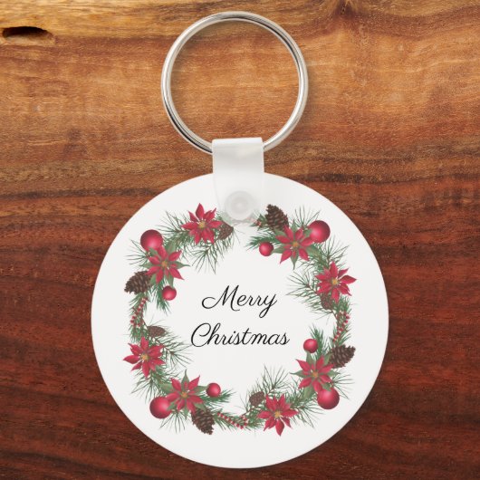 Merry Kerstmis Poinsettia Wreath Sleutelhanger (Voorkant)