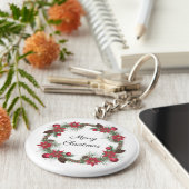 Merry Kerstmis Poinsettia Wreath Sleutelhanger (Zijkant)