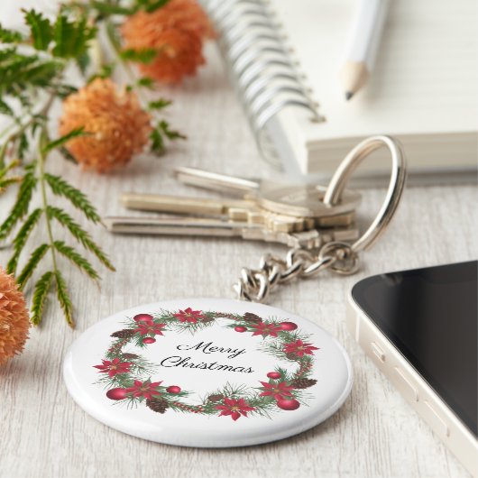 Merry Kerstmis Poinsettia Wreath Sleutelhanger (Zijkant)