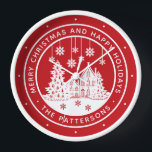 Merry Kerstmis Prettige feestdagen Winter Geperson<br><div class="desc">Vrolijk Kerstmis Prettige feestdagen Wintersklokken op persoonlijke titel bevat de tekst "Vrolijk Kerstmis en Prettige feestdagen" in een modern wit script op een rode achtergrond en gepersonaliseerd met jouw naam rond een huis met kerstbomen en sneeuwvlokken. Ideaal voor kerstfeestvieren en feestdagen. Ontworpen door ©Evco Studio www.zazzle.com/store/evcostudio</div>