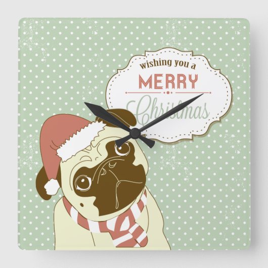 Merry Kerstmis Pug Square Wall klok (Voorkant)