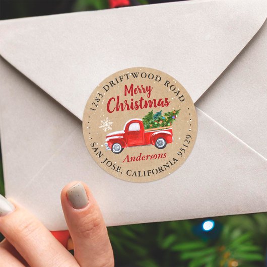 Merry Kerstmis Red Truck Address Seal Ronde Sticker