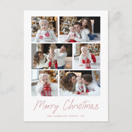 Merry Kerstmis Roos Script 6 Foto Collage Feestdagenkaart (Voorkant)