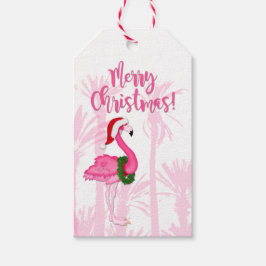 Merry Kerstmis roze roze flamingo Palm Trees Cadeaulabel