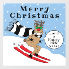 Merry Kerstmis Rudolf Skiing Window Cling Raamsticker