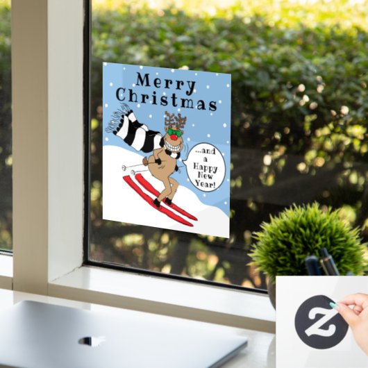 Merry Kerstmis Rudolf Skiing Window Cling Raamsticker (Kantoor)