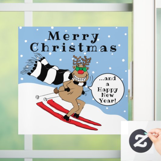 Merry Kerstmis Rudolf Skiing Window Cling Raamsticker (Huis)