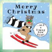 Merry Kerstmis Rudolf Skiing Window Cling Raamsticker (Vel 3)