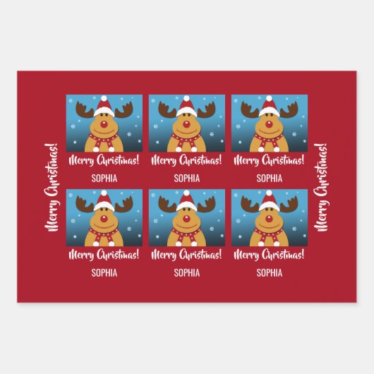 Merry Kerstmis Rudolph Reindeer Persoonlijke naam Inpakpapier Vel (Voorkant)