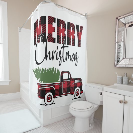 Merry Kerstmis Rustic Pset Truck Douchegordijn (In situ)
