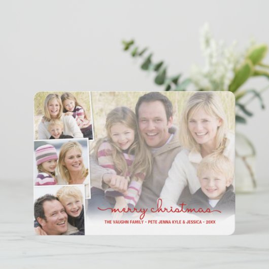 Merry Kerstmis Simple Hand Lettered Photo Collage Feestdagenkaart (Staand voorkant)